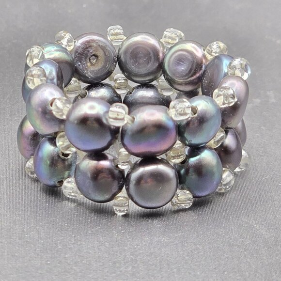 Peacock Pearl Stretch Ring Size 6–10 Glass Beads Spacers VTG Double Layered 12mm - Picture 3 of 9
